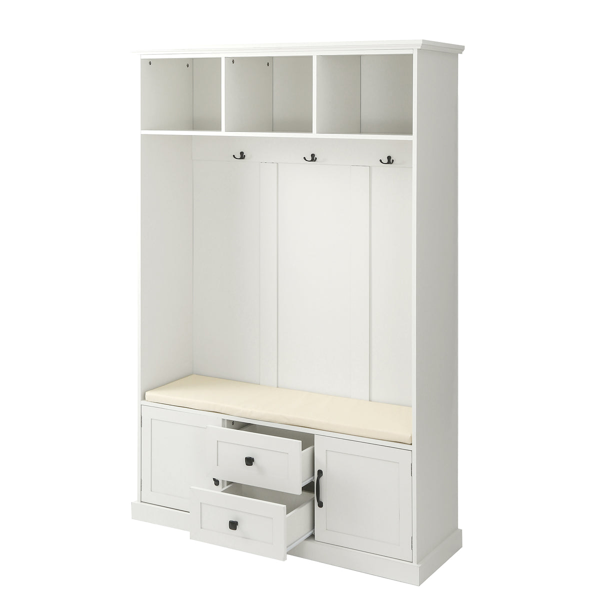 variant-group:rf-n724jy000112aaa|Roomfitters 3-in-1 Hall Tree with 3 Hooks, Entryway Coat Hanger and Storage Bench, 47.2" Organizer for Hallway, White
