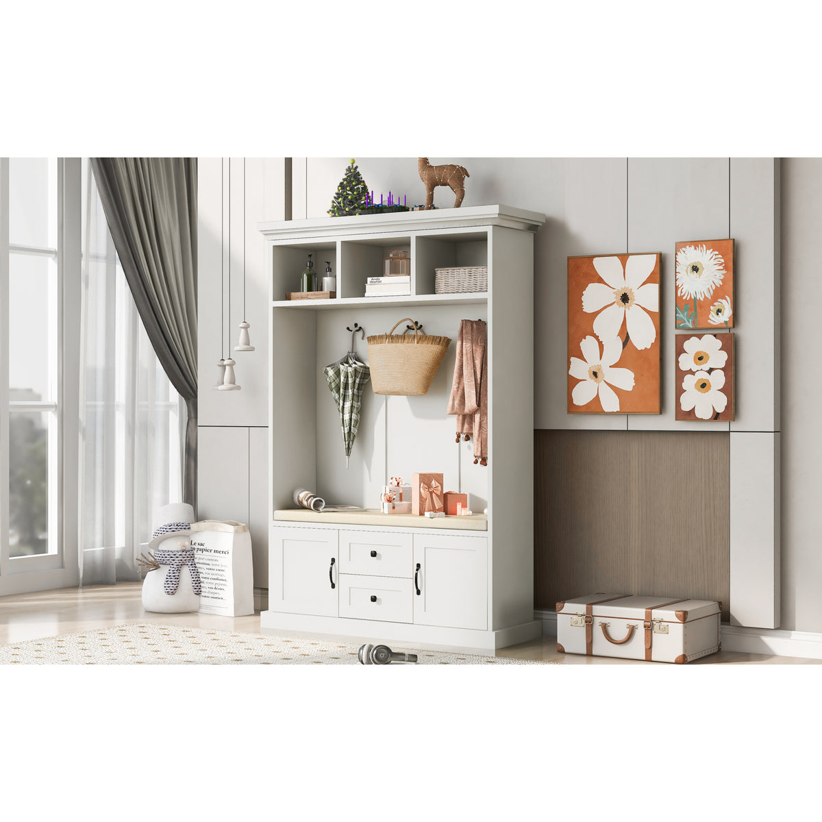 variant-group:rf-n724jy000112aaa|Roomfitters 3-in-1 Hall Tree with 3 Hooks, Entryway Coat Hanger and Storage Bench, 47.2" Organizer for Hallway, White