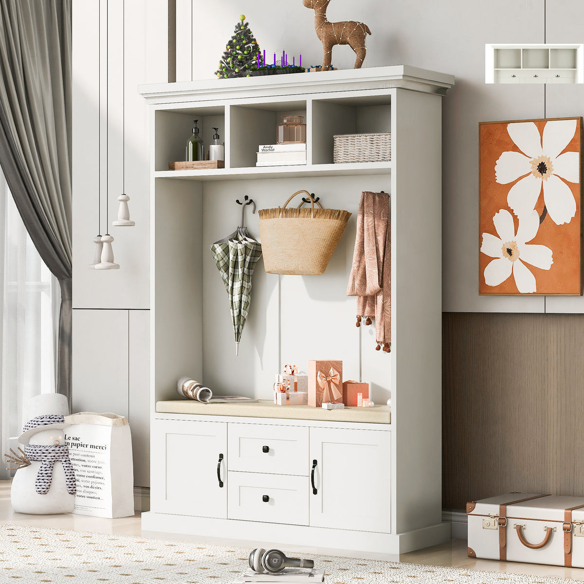 variant-group:rf-n724jy000112aaa|Roomfitters 3-in-1 Hall Tree with 3 Hooks, Entryway Coat Hanger and Storage Bench, 47.2" Organizer for Hallway, White