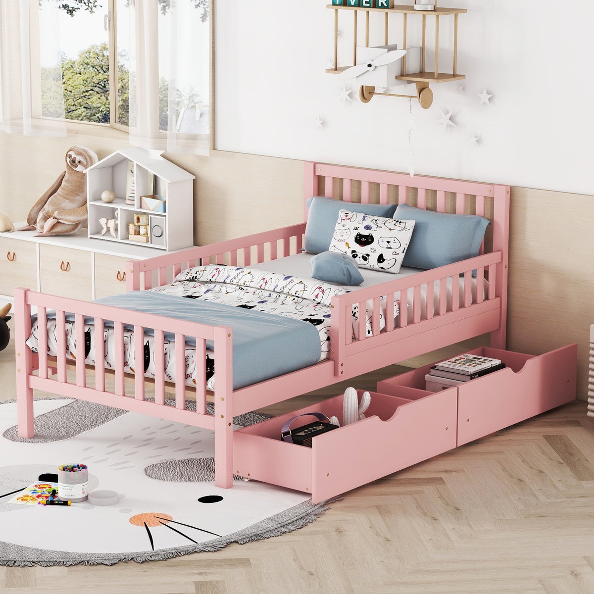 variant-group:rf-n733p172696h|Roomfitters Twin Size Wood Platform Bed with Guardrails and Two Storage Cabinets, Pink
