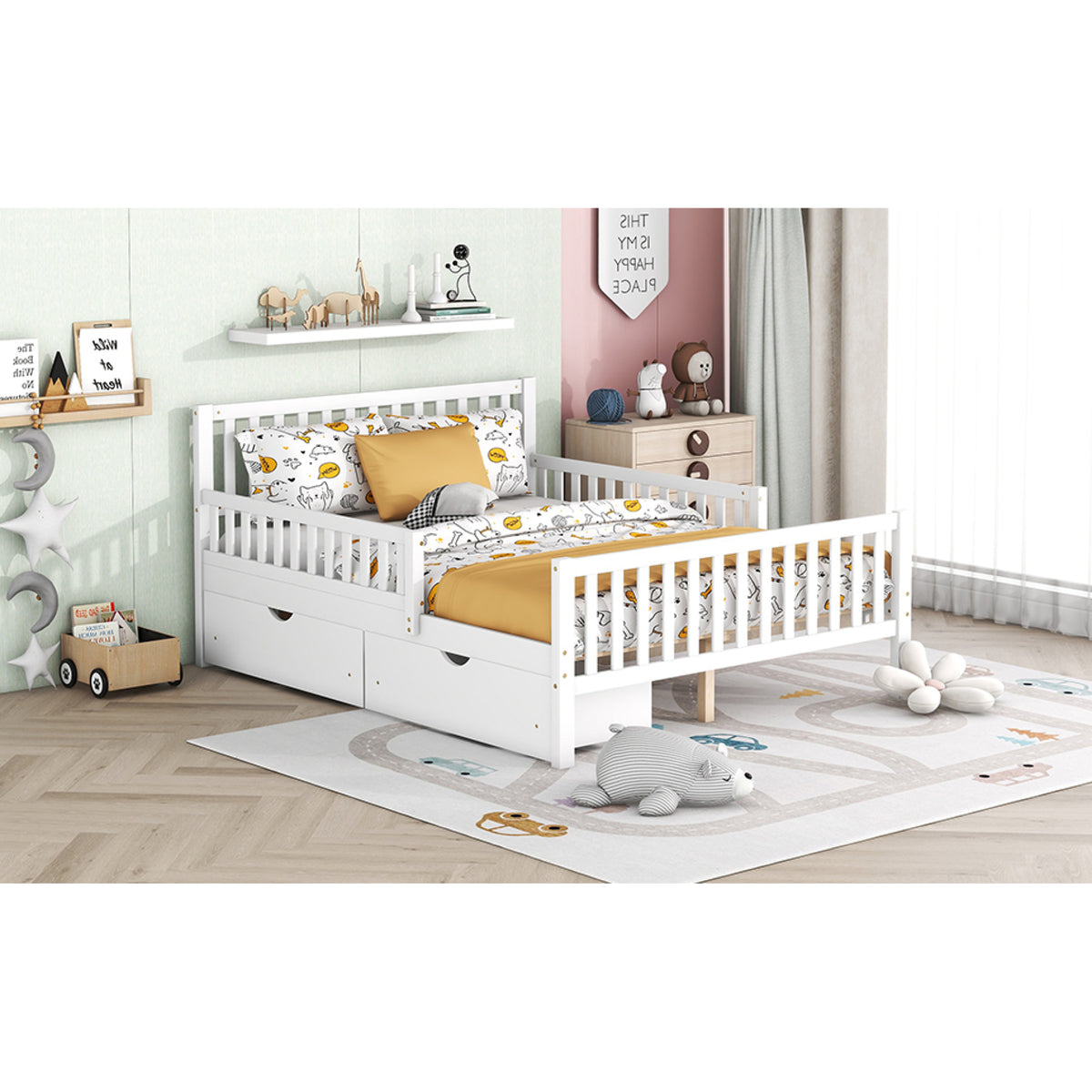 variant-group:rf-n733p172700k|Roomfitters Full Size Wood Platform Bed with Guardrails and Two Storage Cabinets, White