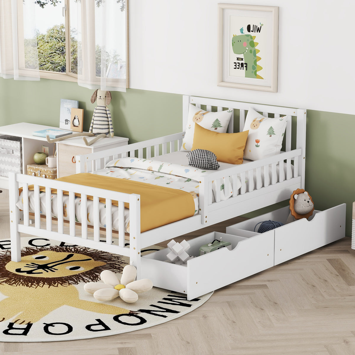 variant-group:rf-n733p172696k|Roomfitters Twin Size Wood Platform Bed with Guardrails and Two Storage Cabinets, White