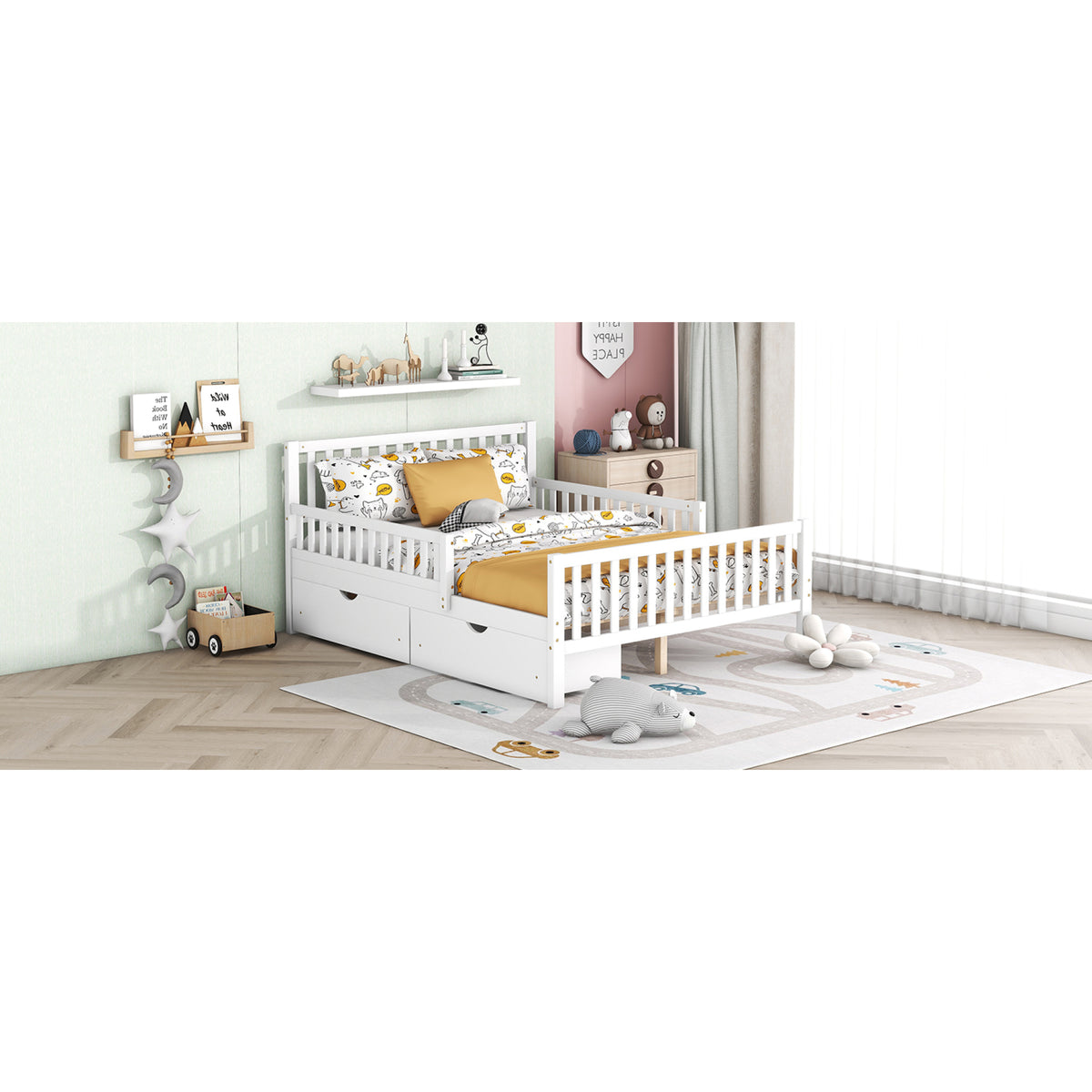 variant-group:rf-n733p172700k|Roomfitters Full Size Wood Platform Bed with Guardrails and Two Storage Cabinets, White