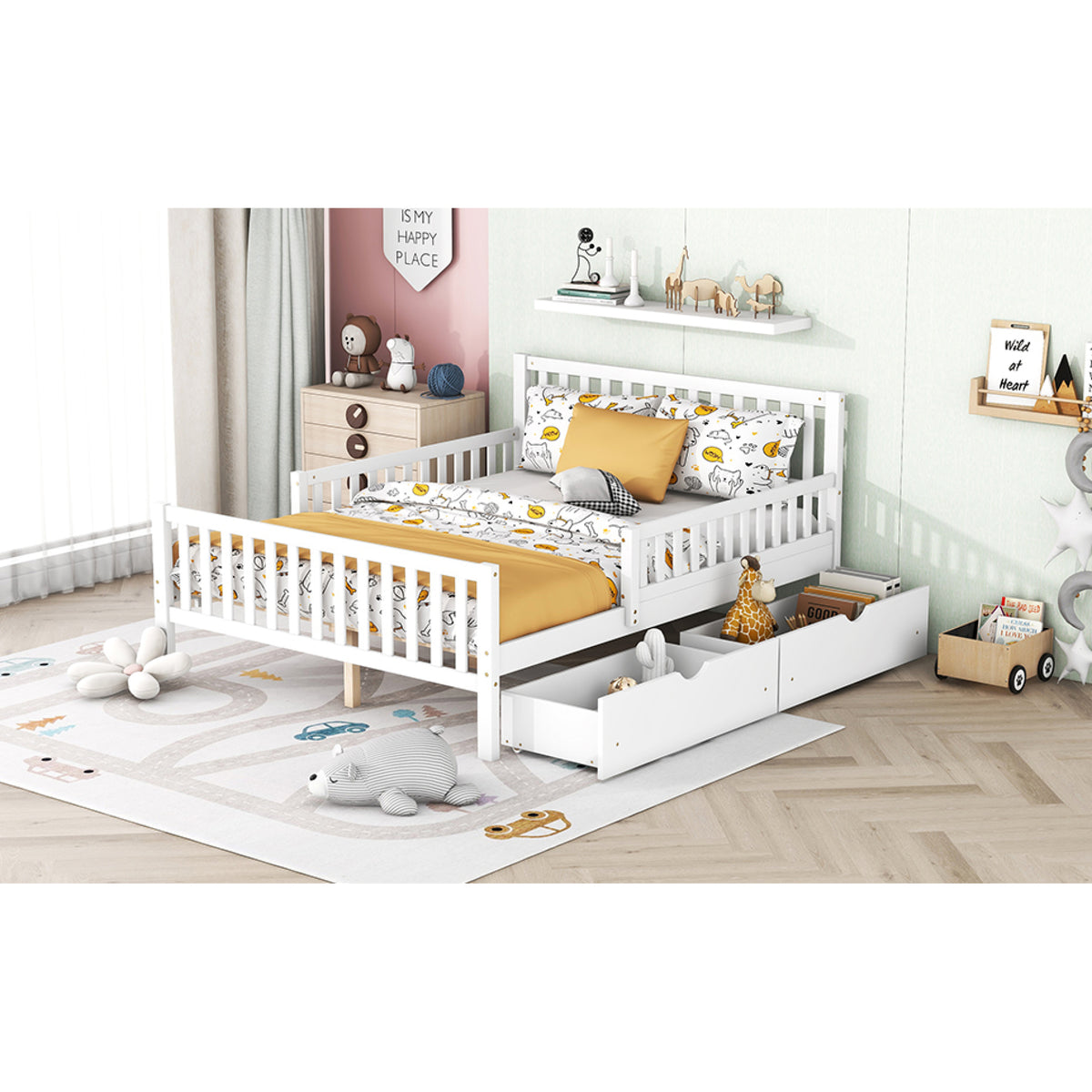 variant-group:rf-n733p172700k|Roomfitters Full Size Wood Platform Bed with Guardrails and Two Storage Cabinets, White