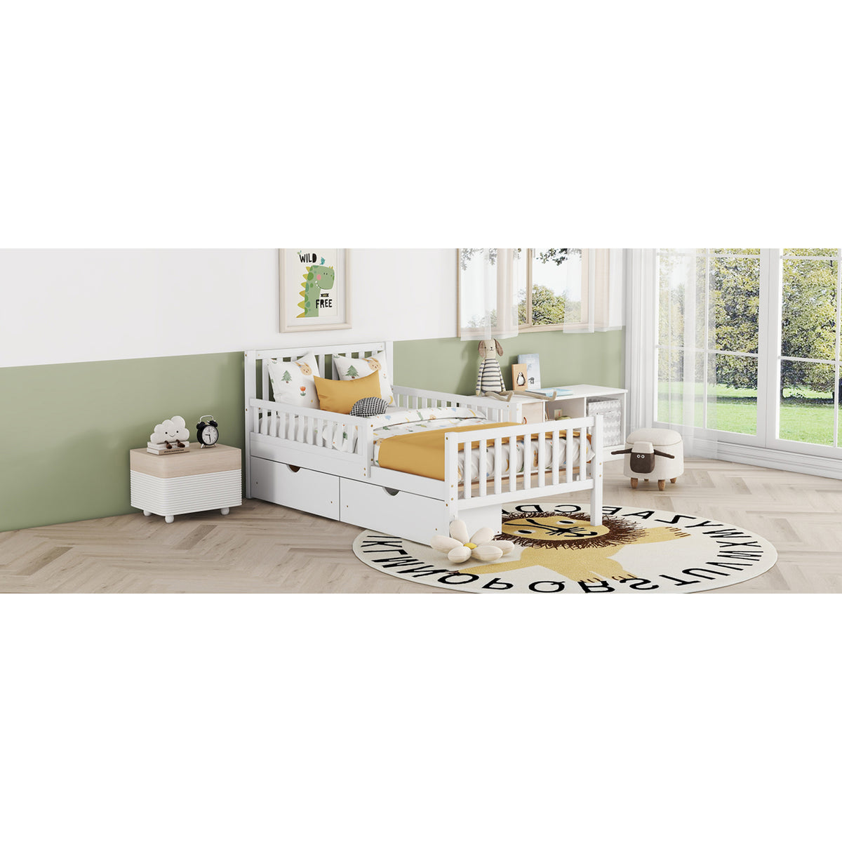 variant-group:rf-n733p172696k|Roomfitters Twin Size Wood Platform Bed with Guardrails and Two Storage Cabinets, White