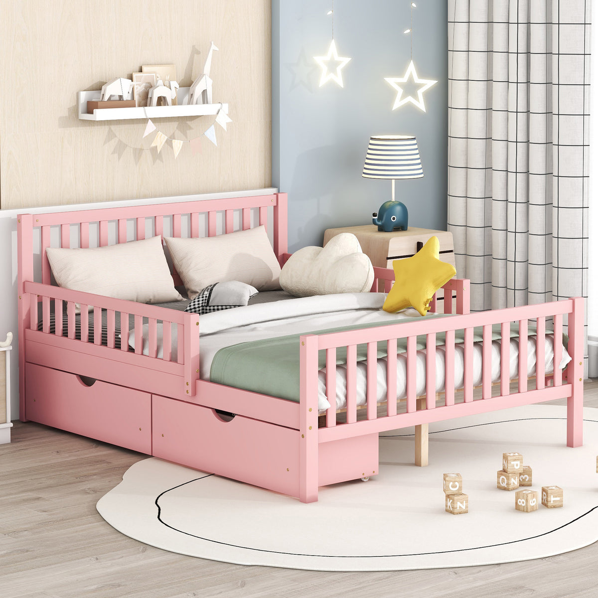 variant-group:rf-n733p172700h|Roomfitters Full Size Wood Platform Bed with Guardrails and Two Storage Cabinets, Pink