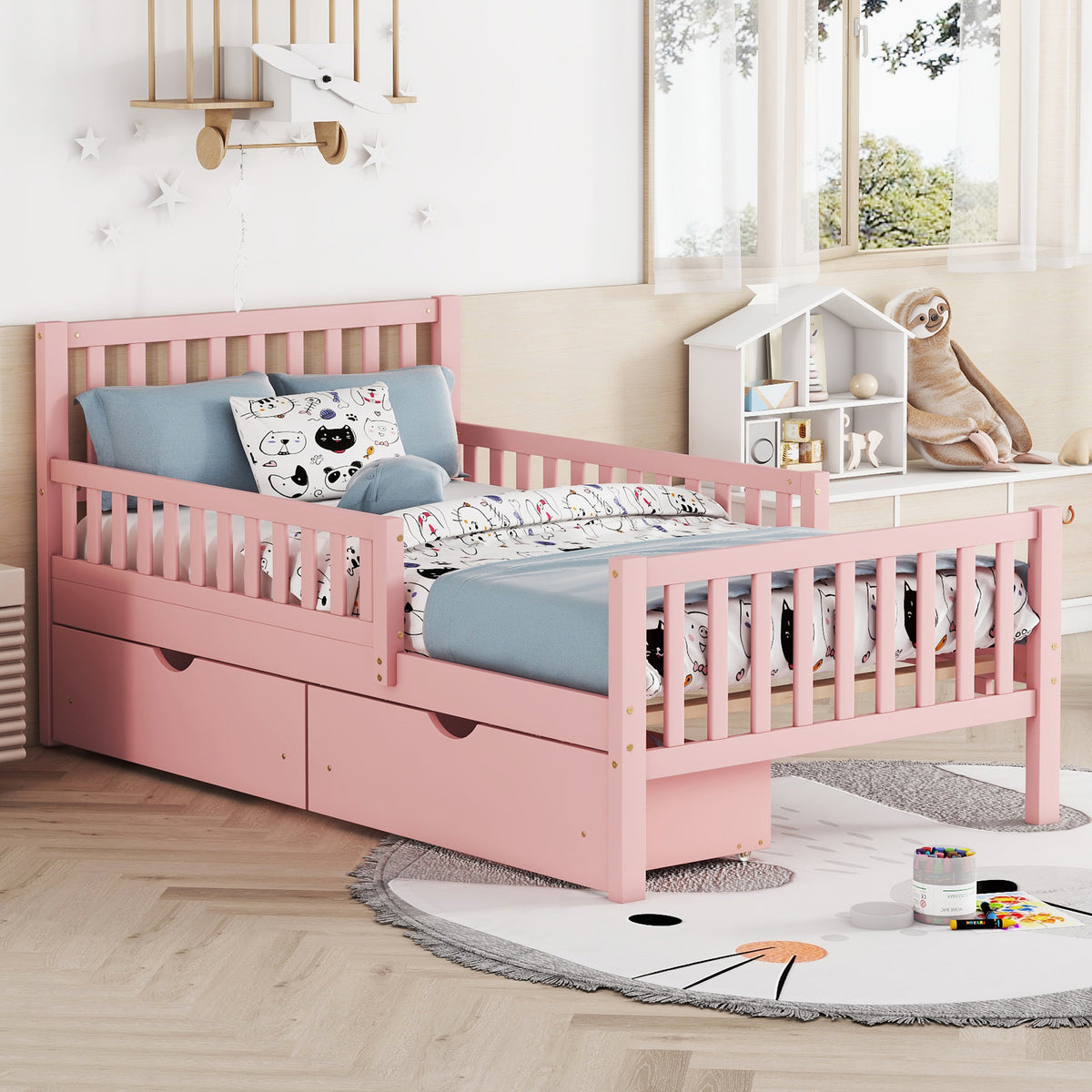 variant-group:rf-n733p172696h|Roomfitters Twin Size Wood Platform Bed with Guardrails and Two Storage Cabinets, Pink