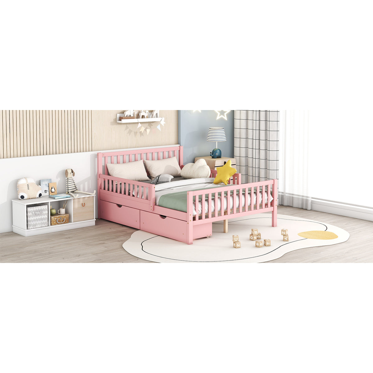variant-group:rf-n733p172700h|Roomfitters Full Size Wood Platform Bed with Guardrails and Two Storage Cabinets, Pink