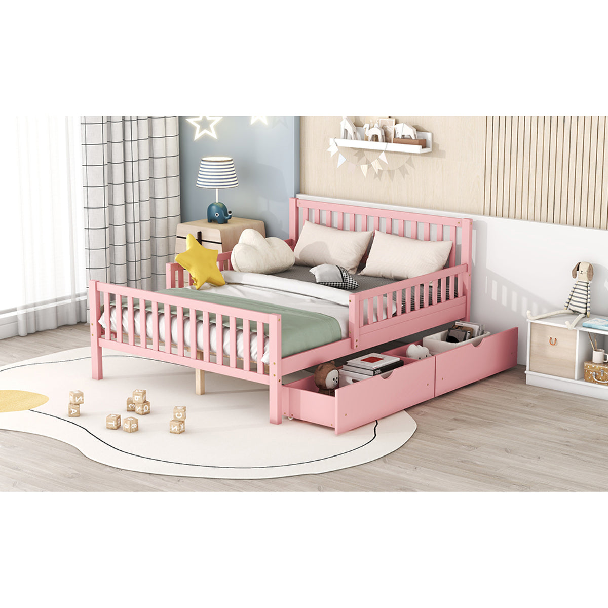 variant-group:rf-n733p172700h|Roomfitters Full Size Wood Platform Bed with Guardrails and Two Storage Cabinets, Pink