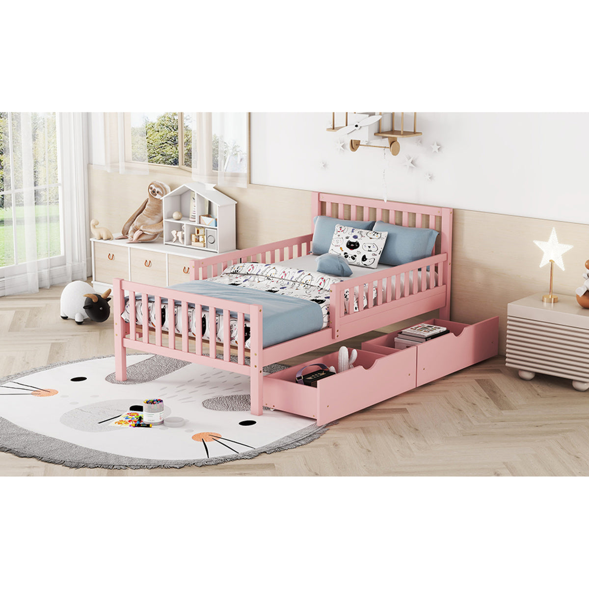 variant-group:rf-n733p172696h|Roomfitters Twin Size Wood Platform Bed with Guardrails and Two Storage Cabinets, Pink