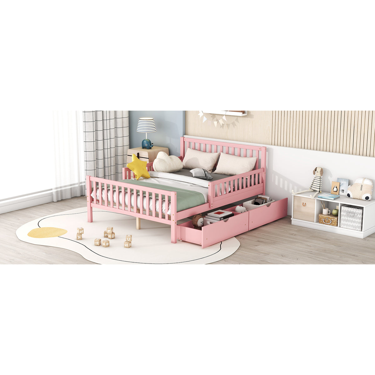 variant-group:rf-n733p172700h|Roomfitters Full Size Wood Platform Bed with Guardrails and Two Storage Cabinets, Pink