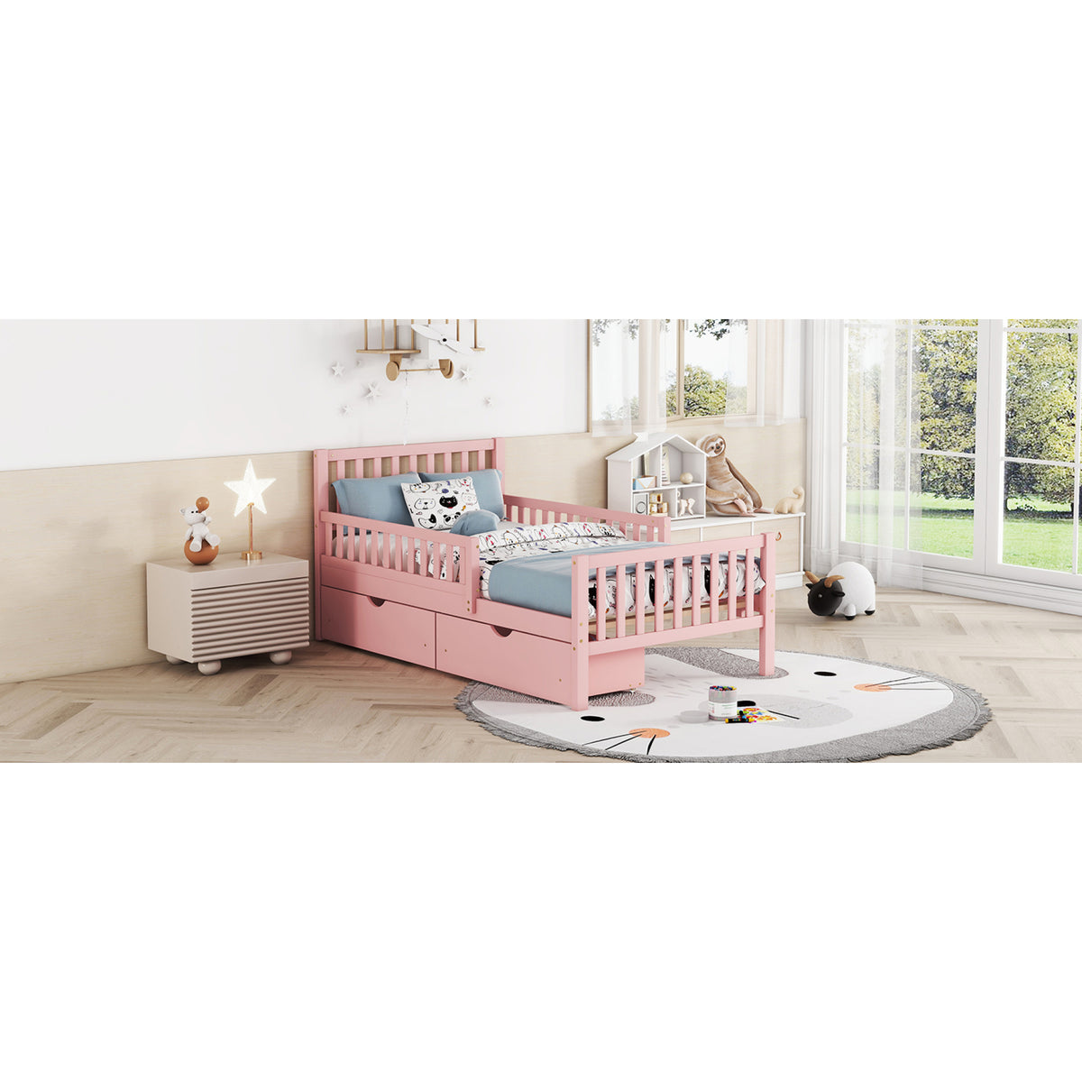 variant-group:rf-n733p172696h|Roomfitters Twin Size Wood Platform Bed with Guardrails and Two Storage Cabinets, Pink