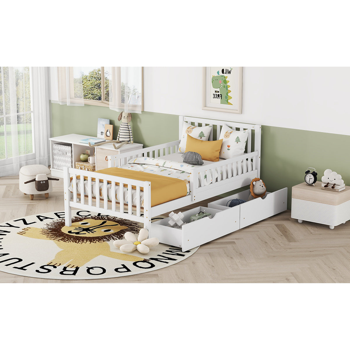 variant-group:rf-n733p172696k|Roomfitters Twin Size Wood Platform Bed with Guardrails and Two Storage Cabinets, White