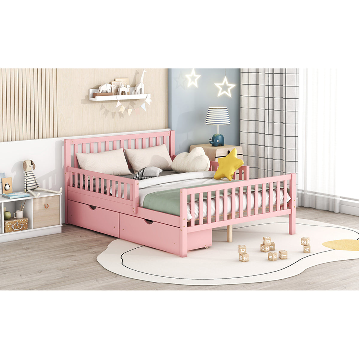 variant-group:rf-n733p172700h|Roomfitters Full Size Wood Platform Bed with Guardrails and Two Storage Cabinets, Pink