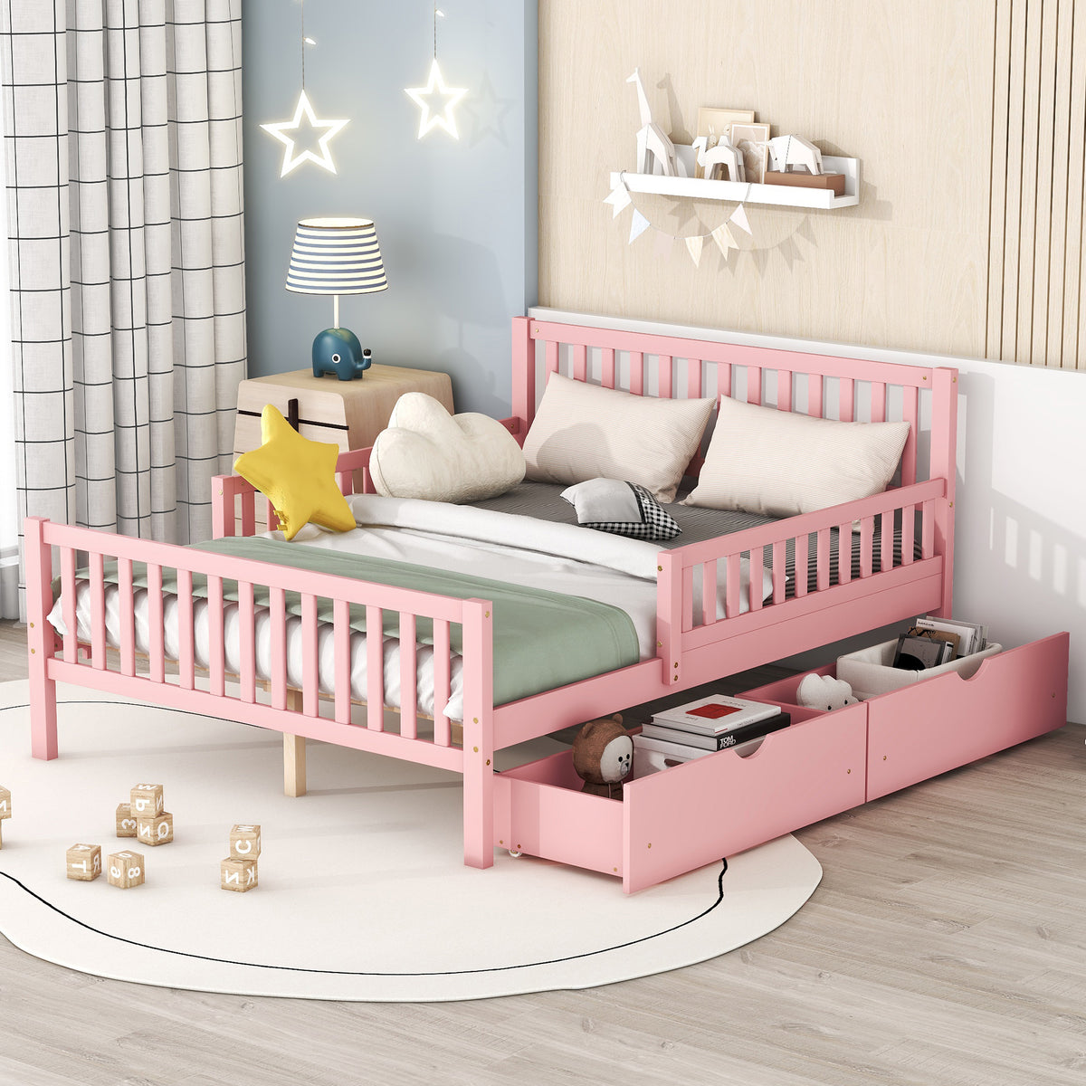 variant-group:rf-n733p172700h|Roomfitters Full Size Wood Platform Bed with Guardrails and Two Storage Cabinets, Pink