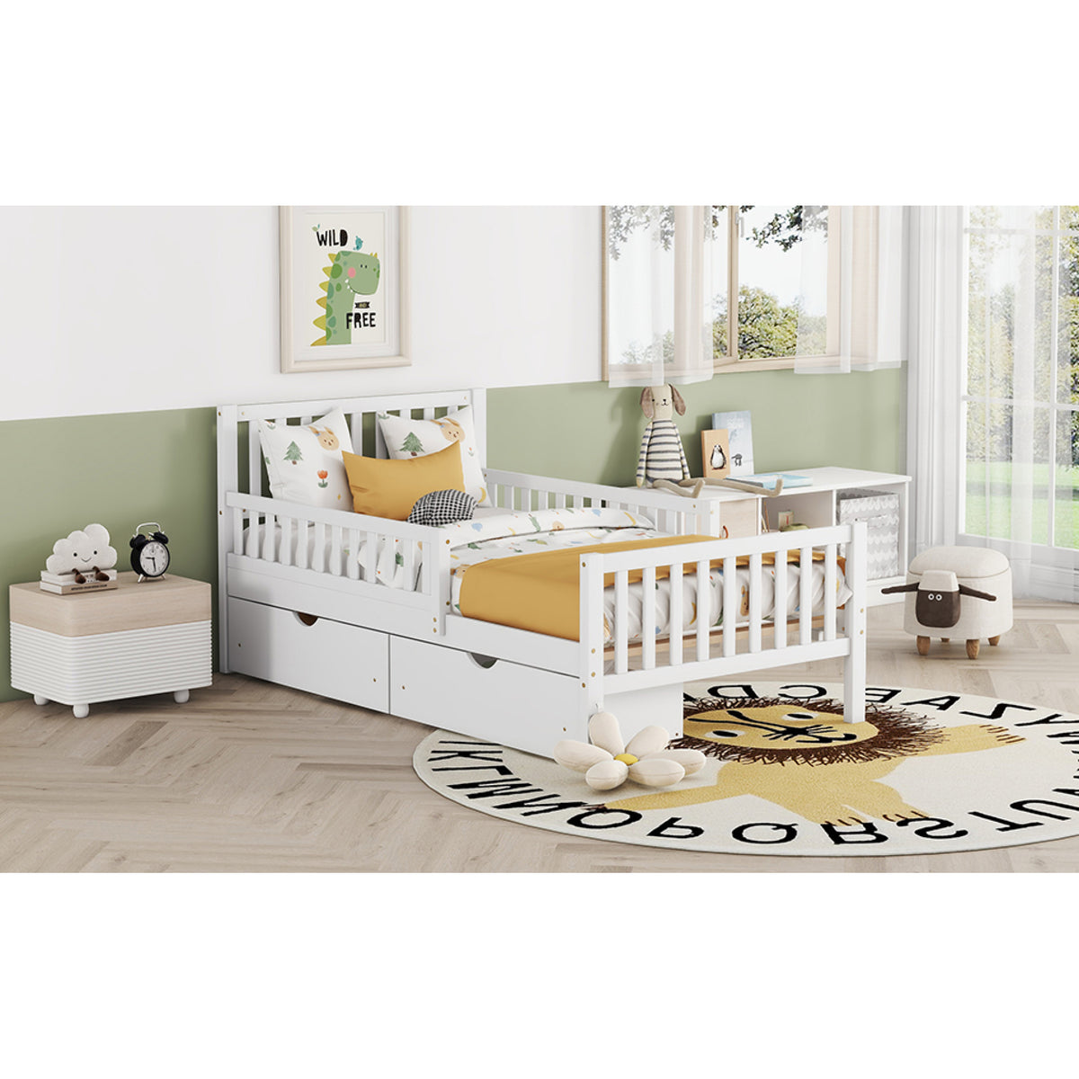 variant-group:rf-n733p172696k|Roomfitters Twin Size Wood Platform Bed with Guardrails and Two Storage Cabinets, White