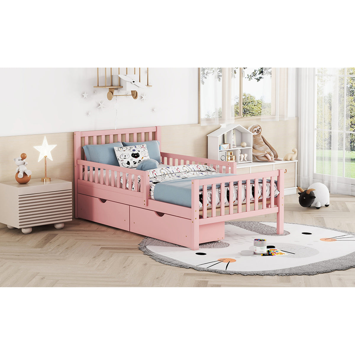 variant-group:rf-n733p172696h|Roomfitters Twin Size Wood Platform Bed with Guardrails and Two Storage Cabinets, Pink