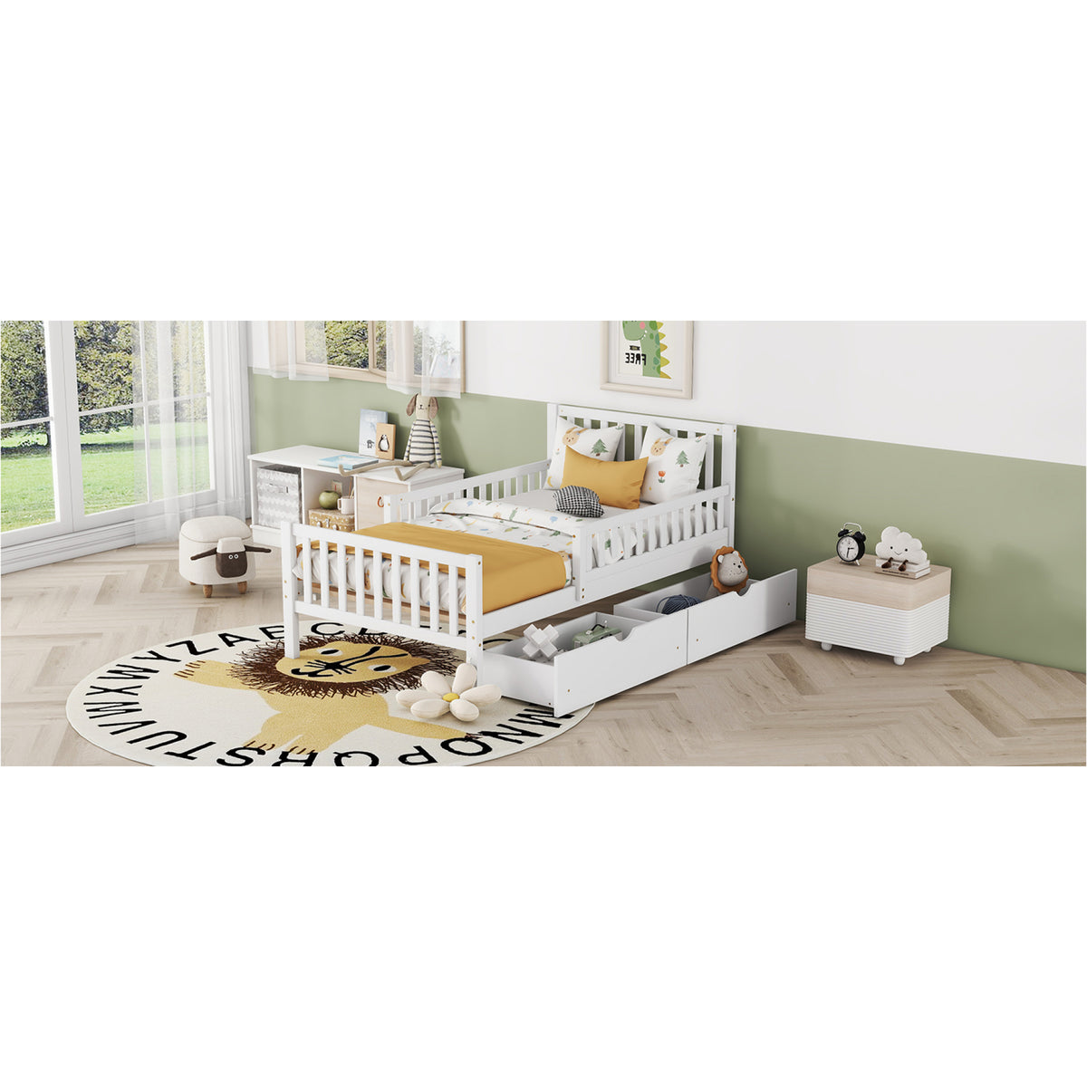variant-group:rf-n733p172696k|Roomfitters Twin Size Wood Platform Bed with Guardrails and Two Storage Cabinets, White