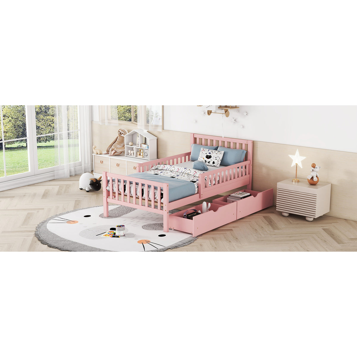 variant-group:rf-n733p172696h|Roomfitters Twin Size Wood Platform Bed with Guardrails and Two Storage Cabinets, Pink
