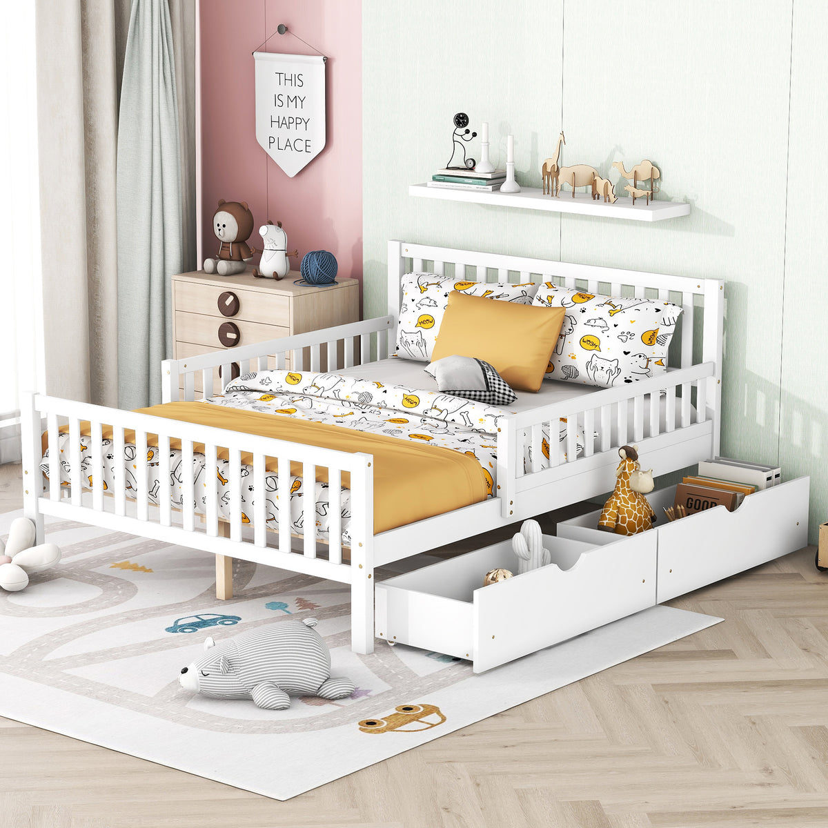 variant-group:rf-n733p172700k|Roomfitters Full Size Wood Platform Bed with Guardrails and Two Storage Cabinets, White