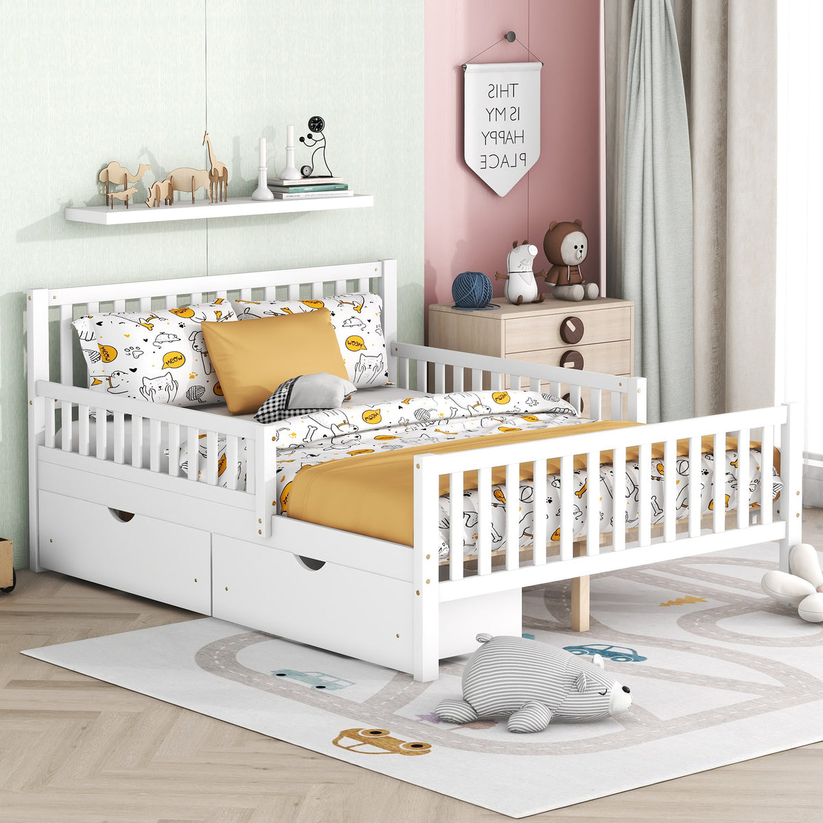 variant-group:rf-n733p172700k|Roomfitters Full Size Wood Platform Bed with Guardrails and Two Storage Cabinets, White
