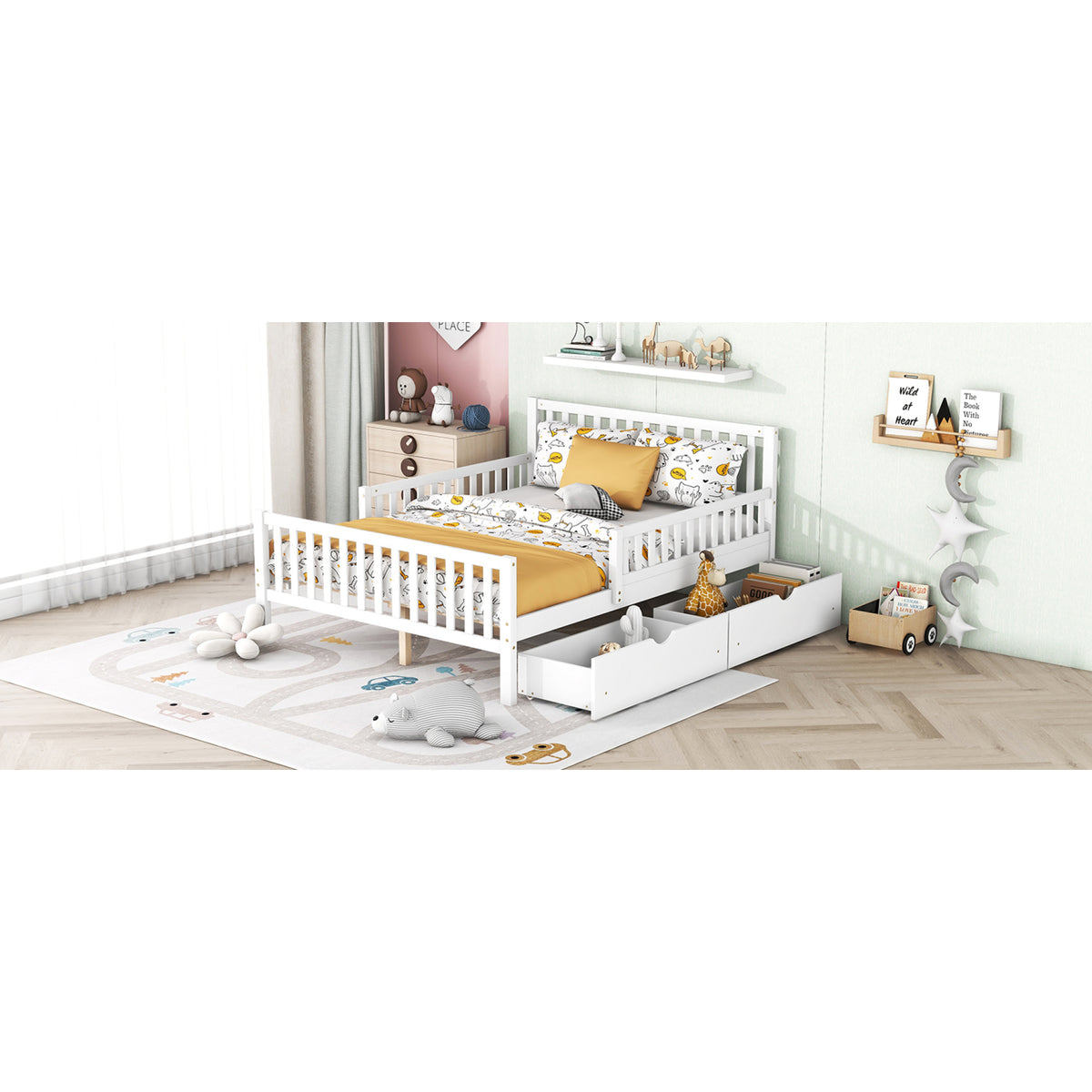 variant-group:rf-n733p172700k|Roomfitters Full Size Wood Platform Bed with Guardrails and Two Storage Cabinets, White