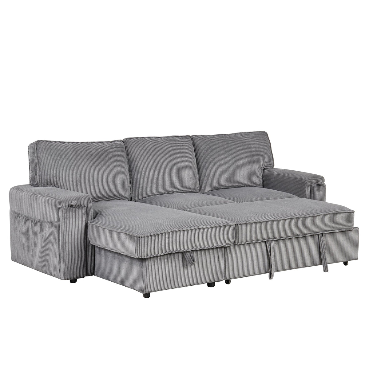Roomfitters Upholstery Sleeper Sectional Sofa with Storage Bags and 2 Cup Holders on Arms, Gray Roomfitters