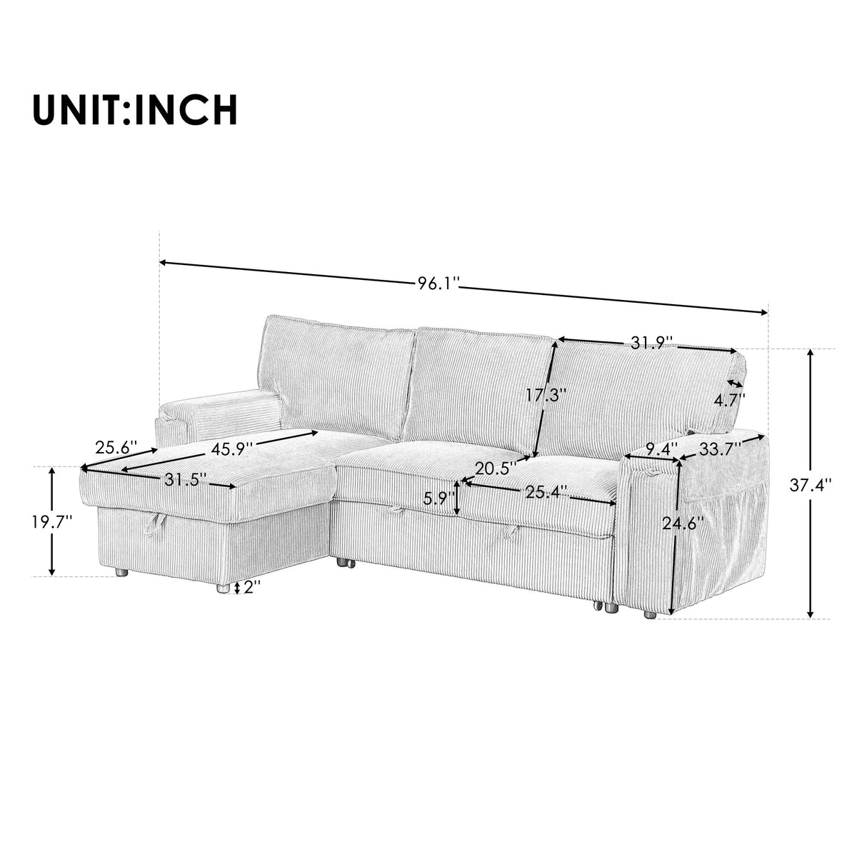 Roomfitters Upholstery Sleeper Sectional Sofa with Storage Bags and 2 Cup Holders on Arms, Gray Roomfitters
