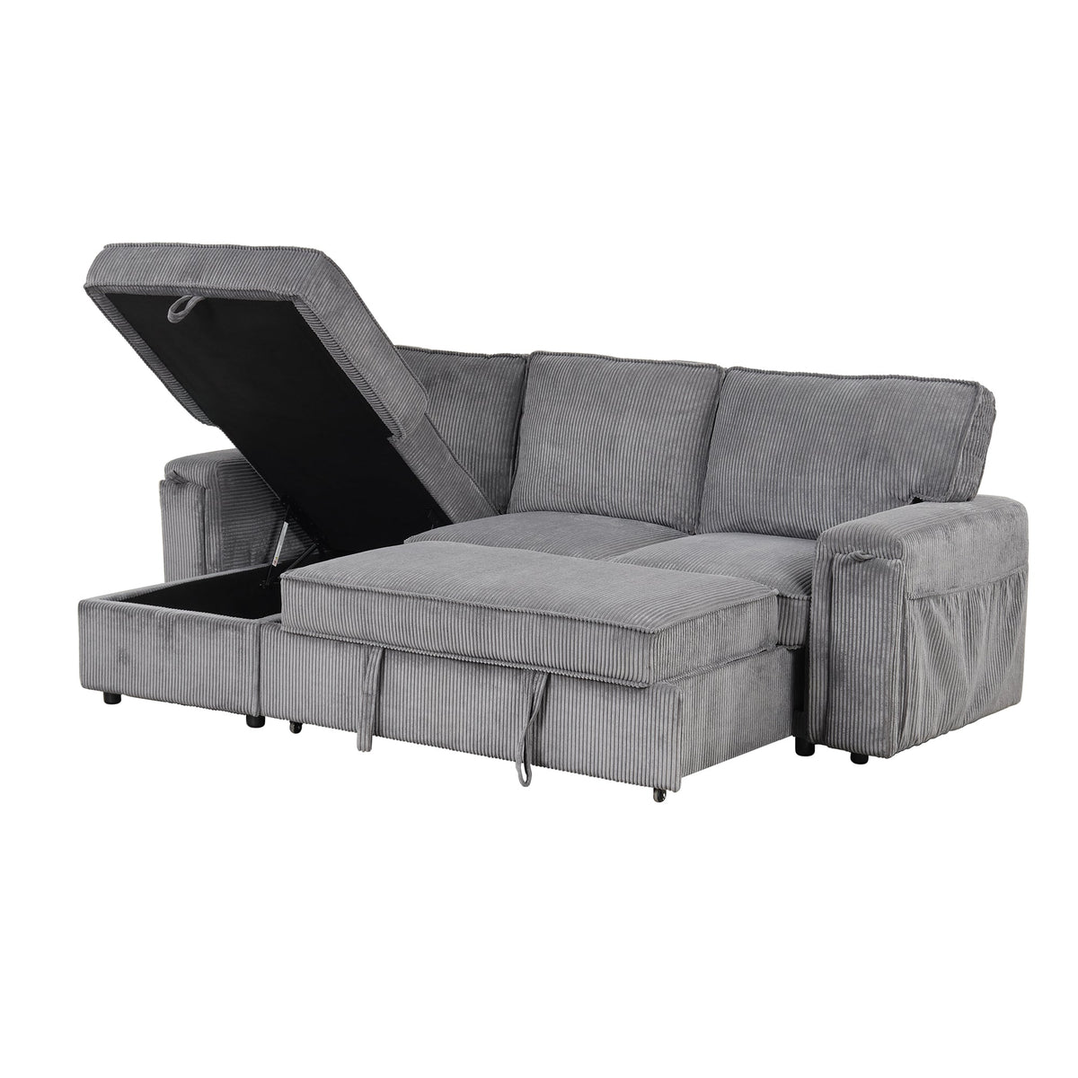 Roomfitters Upholstery Sleeper Sectional Sofa with Storage Bags and 2 Cup Holders on Arms, Gray Roomfitters