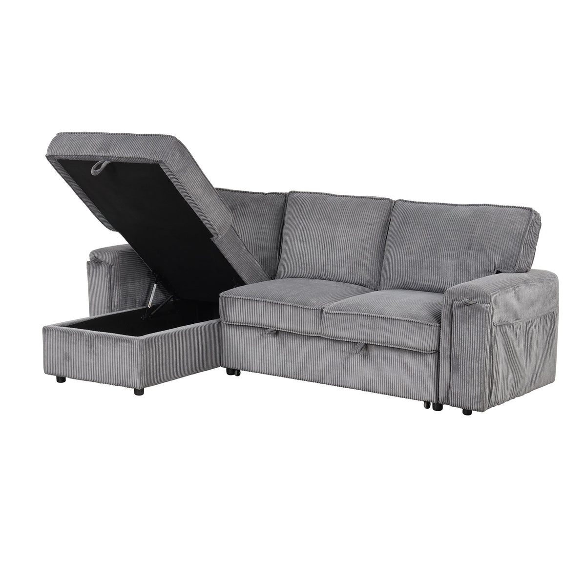 Roomfitters Upholstery Sleeper Sectional Sofa with Storage Bags and 2 Cup Holders on Arms, Gray Roomfitters