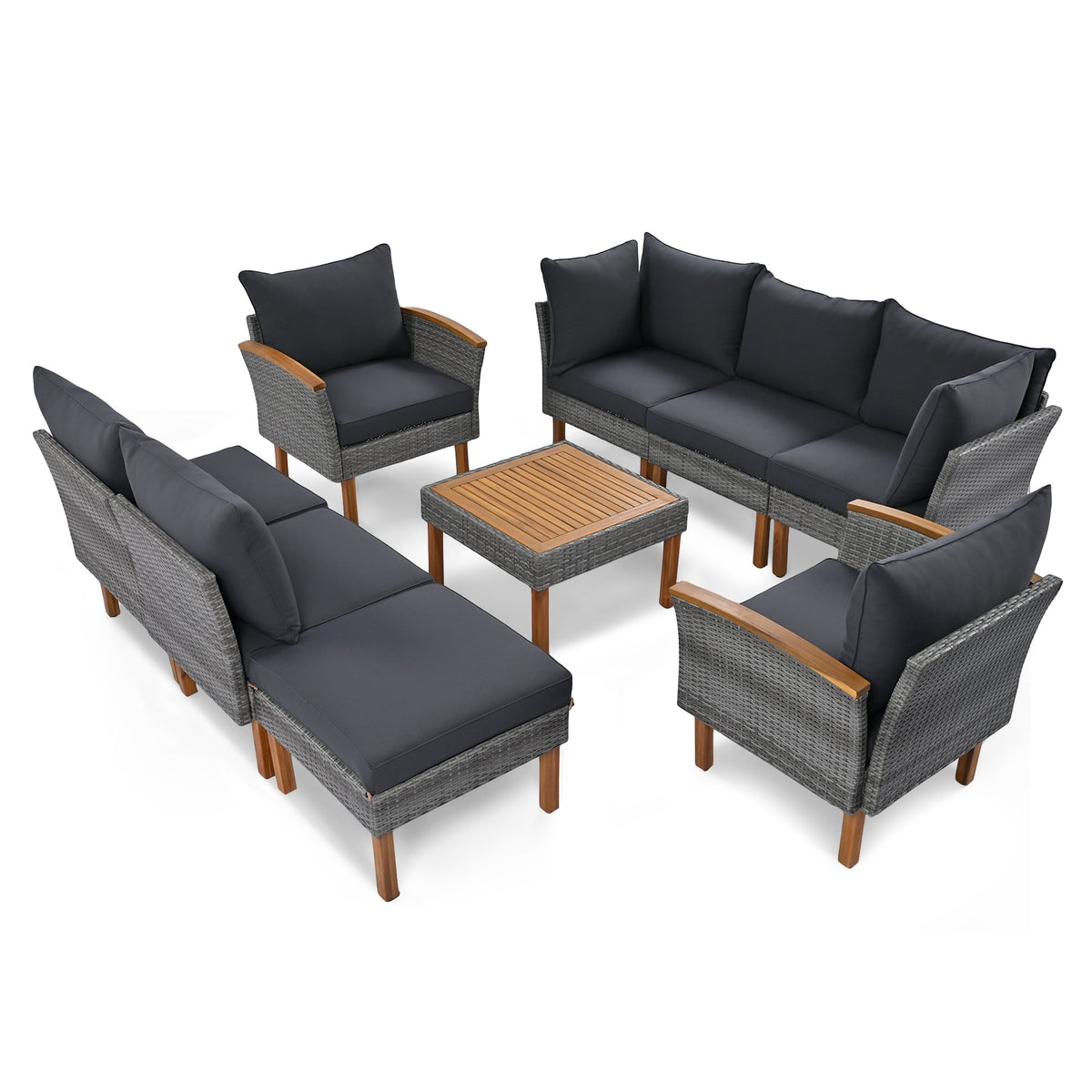 Roomfitters 9-Piece Outdoor Patio Furniture Set with Gray Rattan Sectional Sofa, 2 Armchairs and Wood Top Coffee Table, Gray Roomfitters