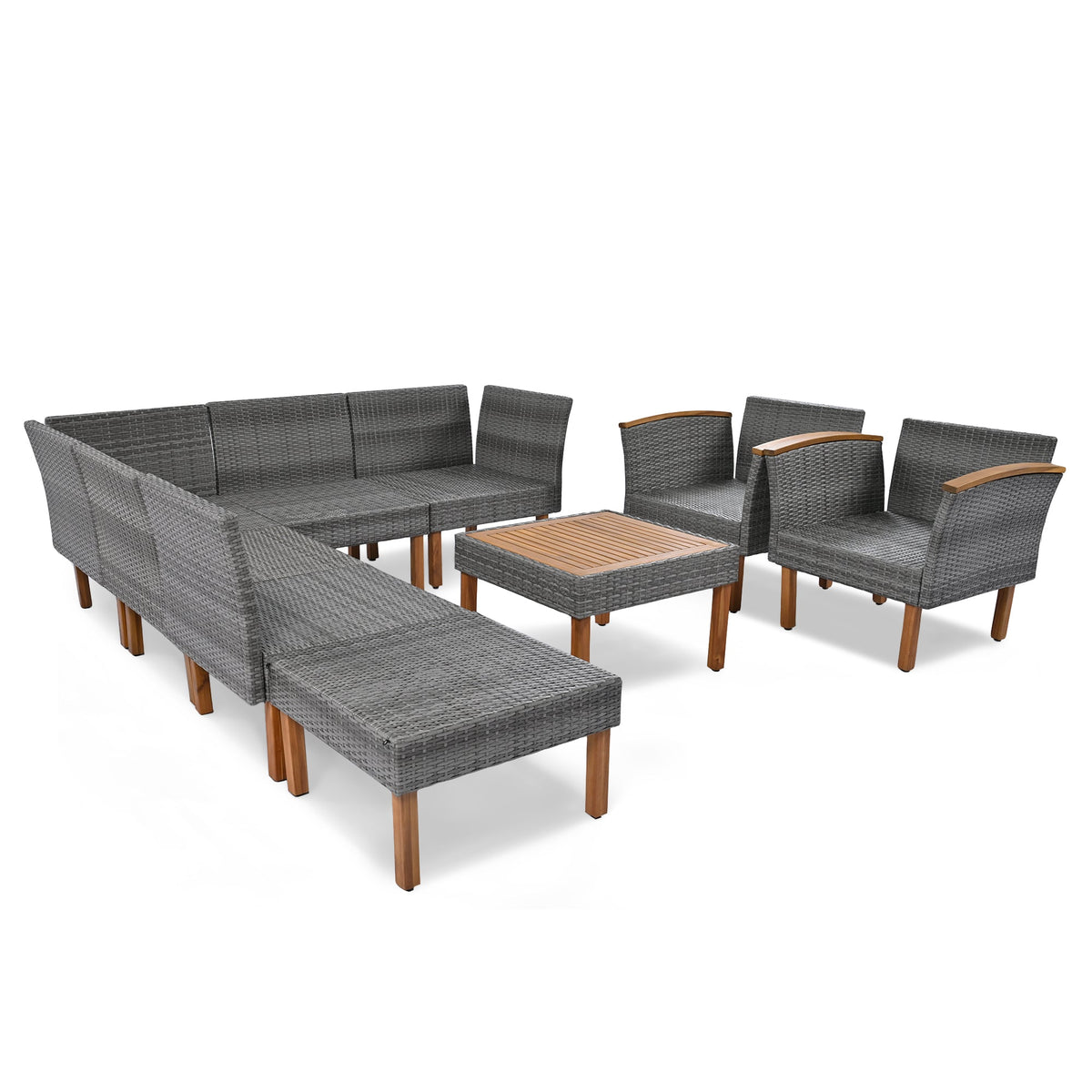 Roomfitters 9-Piece Outdoor Patio Furniture Set with Gray Rattan Sectional Sofa, 2 Armchairs and Wood Top Coffee Table, Gray Roomfitters
