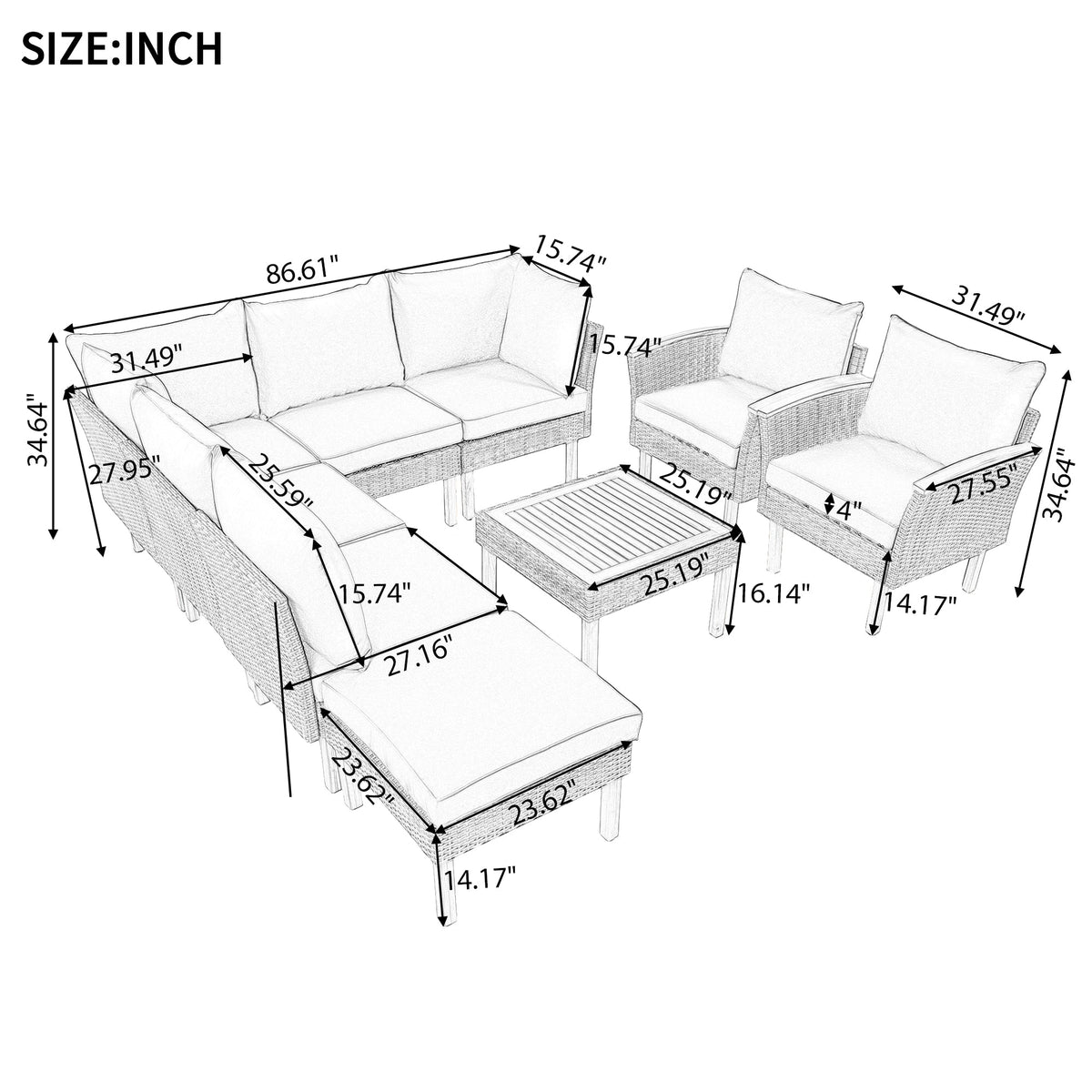 Roomfitters 9-Piece Outdoor Patio Furniture Set with Gray Rattan Sectional Sofa, 2 Armchairs and Wood Top Coffee Table, Gray Roomfitters