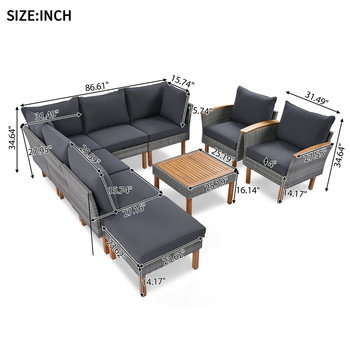 Roomfitters 9-Piece Outdoor Patio Furniture Set with Gray Rattan Sectional Sofa, 2 Armchairs and Wood Top Coffee Table, Gray Roomfitters