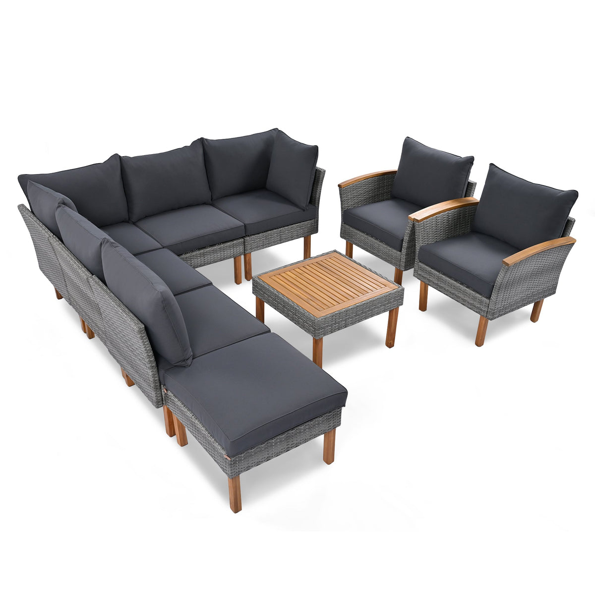 Roomfitters 9-Piece Outdoor Patio Furniture Set with Gray Rattan Sectional Sofa, 2 Armchairs and Wood Top Coffee Table, Gray Roomfitters