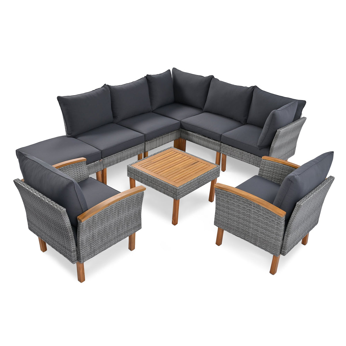 Roomfitters 9-Piece Outdoor Patio Furniture Set with Gray Rattan Sectional Sofa, 2 Armchairs and Wood Top Coffee Table, Gray Roomfitters