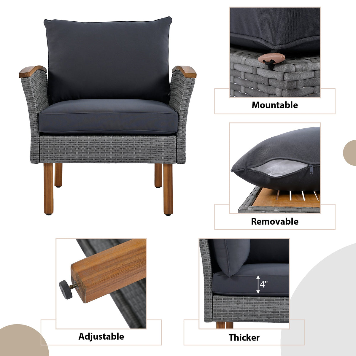 Roomfitters 9-Piece Outdoor Patio Furniture Set with Gray Rattan Sectional Sofa, 2 Armchairs and Wood Top Coffee Table, Gray Roomfitters