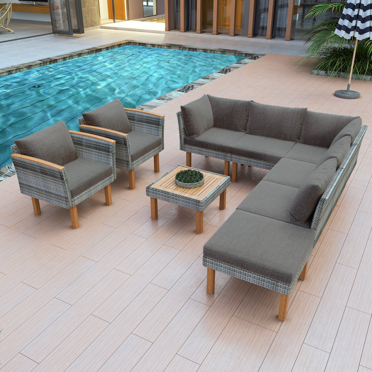 Roomfitters 9-Piece Outdoor Patio Furniture Set with Gray Rattan Sectional Sofa, 2 Armchairs and Wood Top Coffee Table, Gray Roomfitters