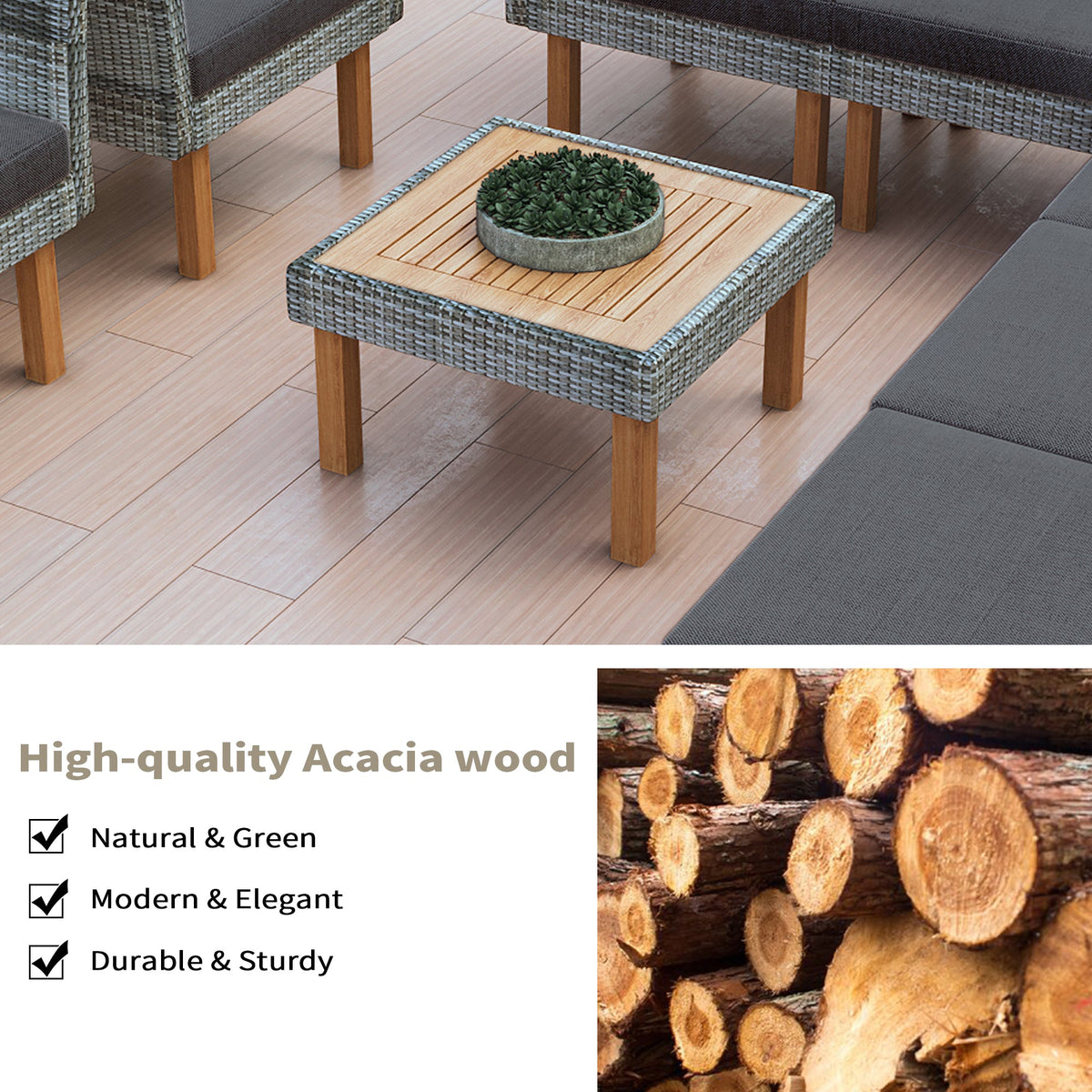 Roomfitters 9-Piece Outdoor Patio Furniture Set with Gray Rattan Sectional Sofa, 2 Armchairs and Wood Top Coffee Table, Gray Roomfitters