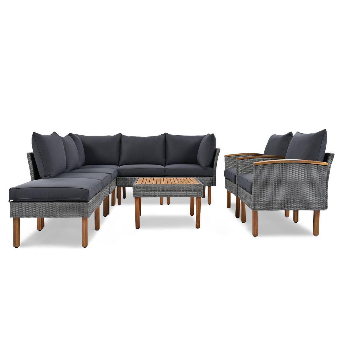 Roomfitters 9-Piece Outdoor Patio Furniture Set with Gray Rattan Sectional Sofa, 2 Armchairs and Wood Top Coffee Table, Gray Roomfitters