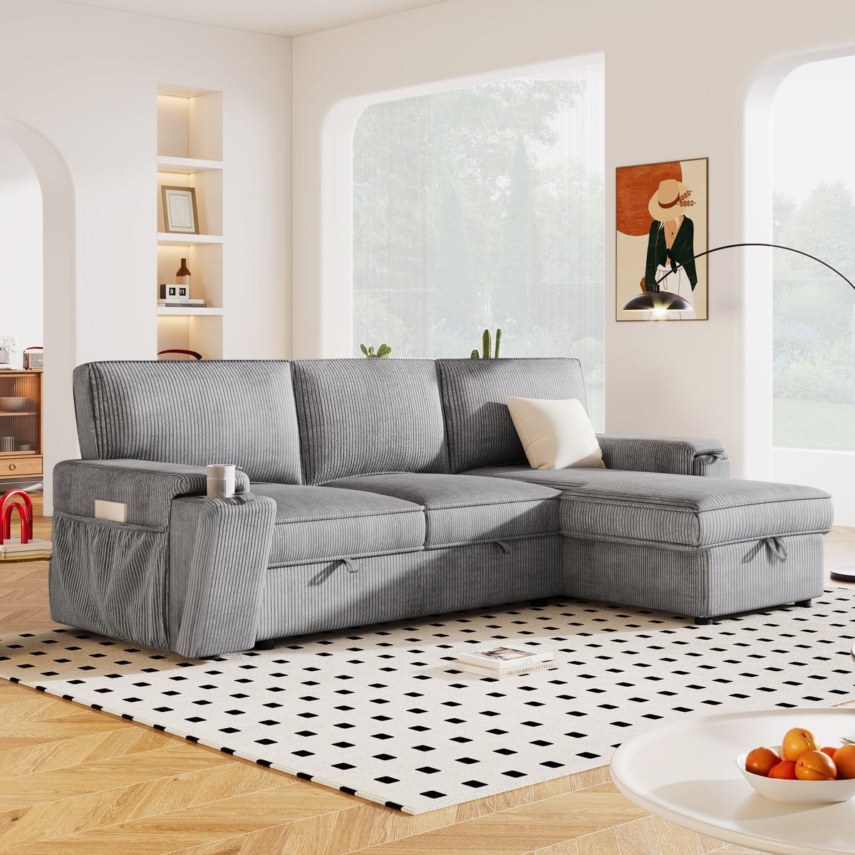 Roomfitters Upholstery Sleeper Sectional Sofa with Storage Bags and 2 Cup Holders on Arms, Gray Roomfitters