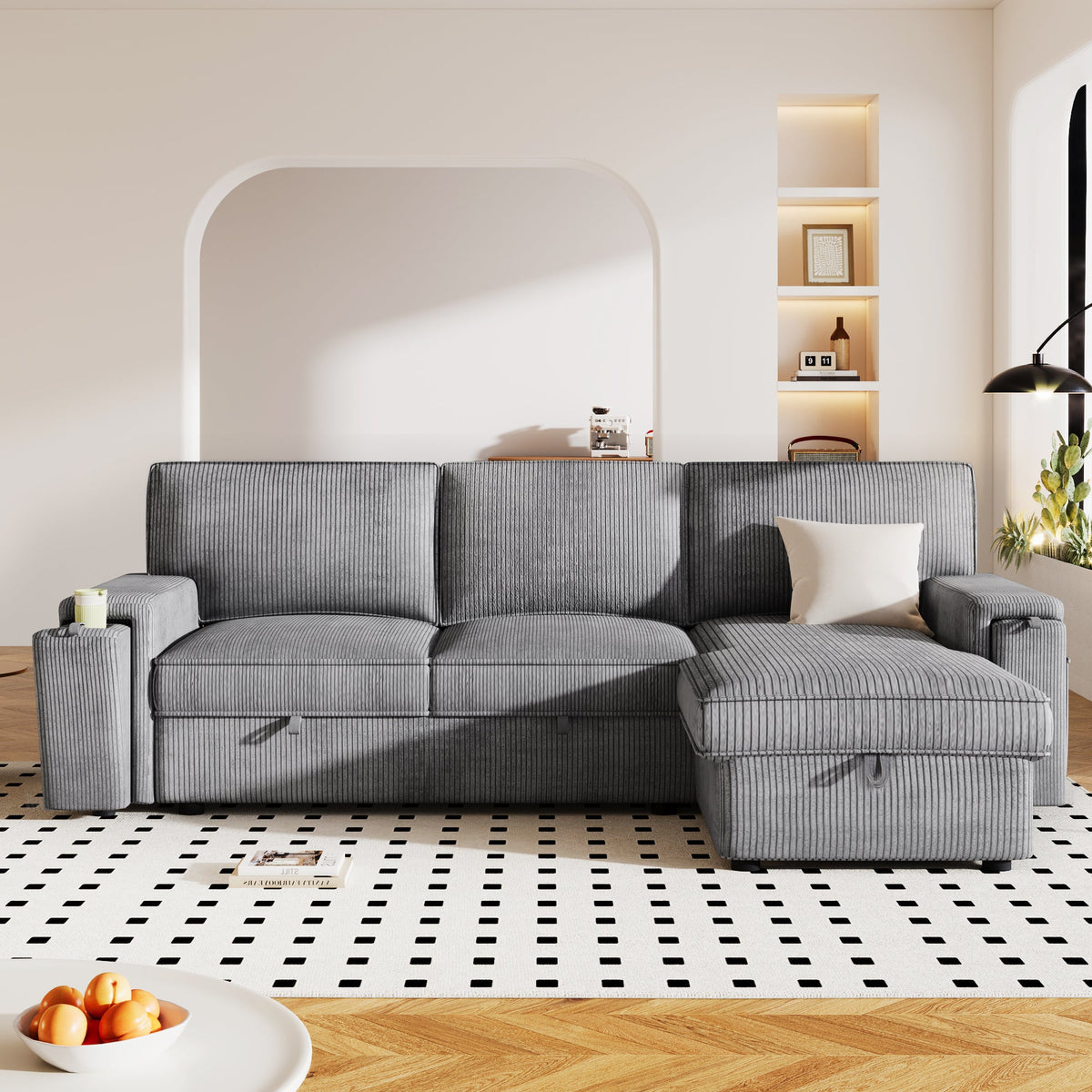 Roomfitters Upholstery Sleeper Sectional Sofa with Storage Bags and 2 Cup Holders on Arms, Gray Roomfitters