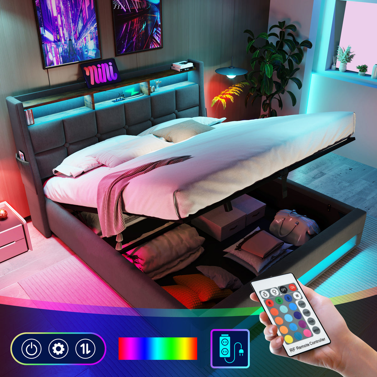 variant-group:rf-n736aa20690708g|Roomfitters Full Size Upholstered Platform Bed with Storage System, USB Charging Ports, Grey
