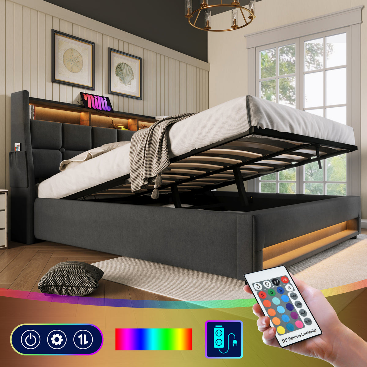 variant-group:rf-n736aa20690910g|Roomfitters Queen Size Upholstered Platform Bed with Storage System, USB Charging Ports, Grey