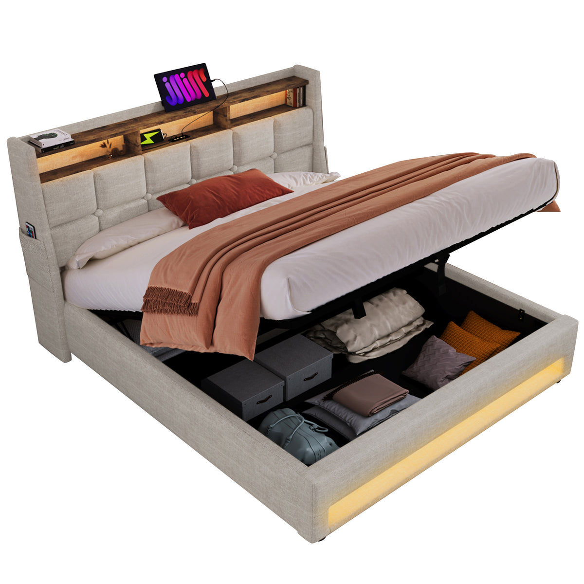 variant-group:rf-n736aa20690708b|Roomfitters Full Size Upholstered Platform Bed with Storage System, USB Charging Ports, Natural