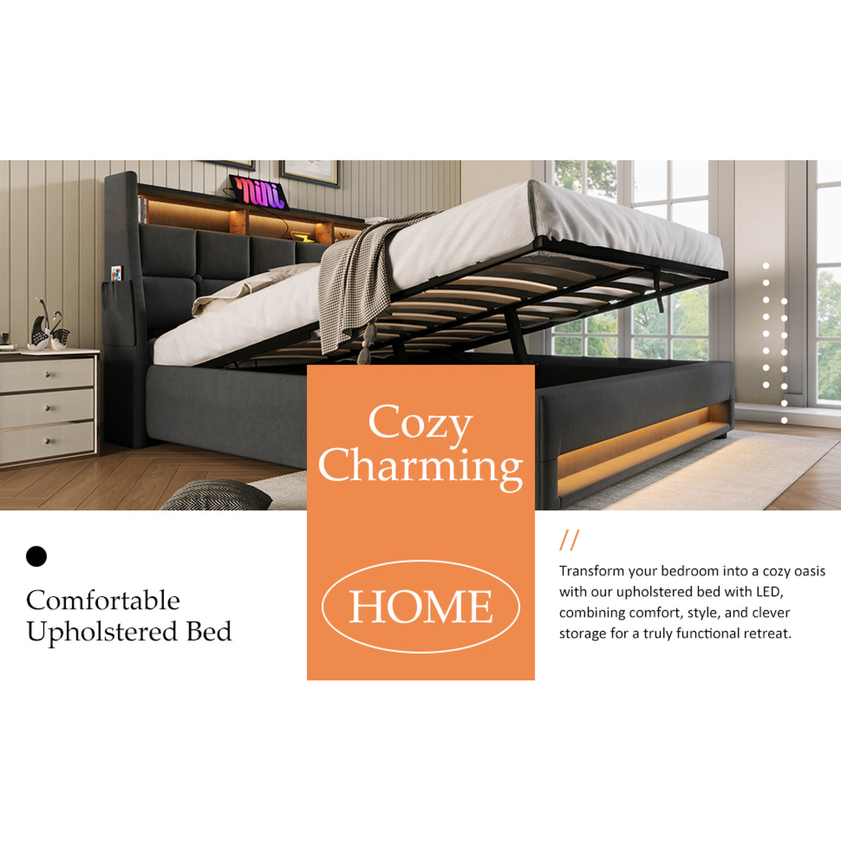 variant-group:rf-n736aa20690708g|Roomfitters Full Size Upholstered Platform Bed with Storage System, USB Charging Ports, Grey