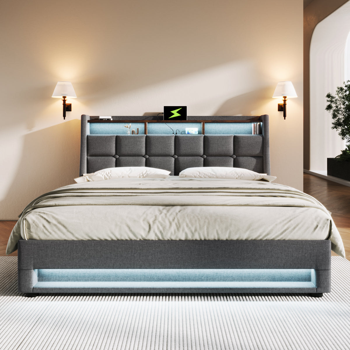 variant-group:rf-n736aa20690708g|Roomfitters Full Size Upholstered Platform Bed with Storage System, USB Charging Ports, Grey