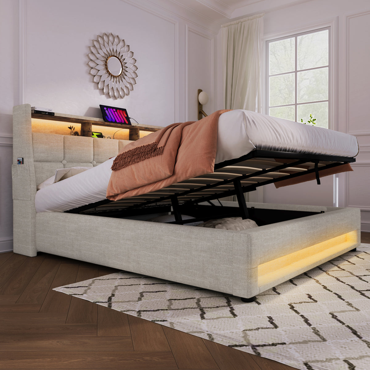 variant-group:rf-n736aa20690708b|Roomfitters Full Size Upholstered Platform Bed with Storage System, USB Charging Ports, Natural
