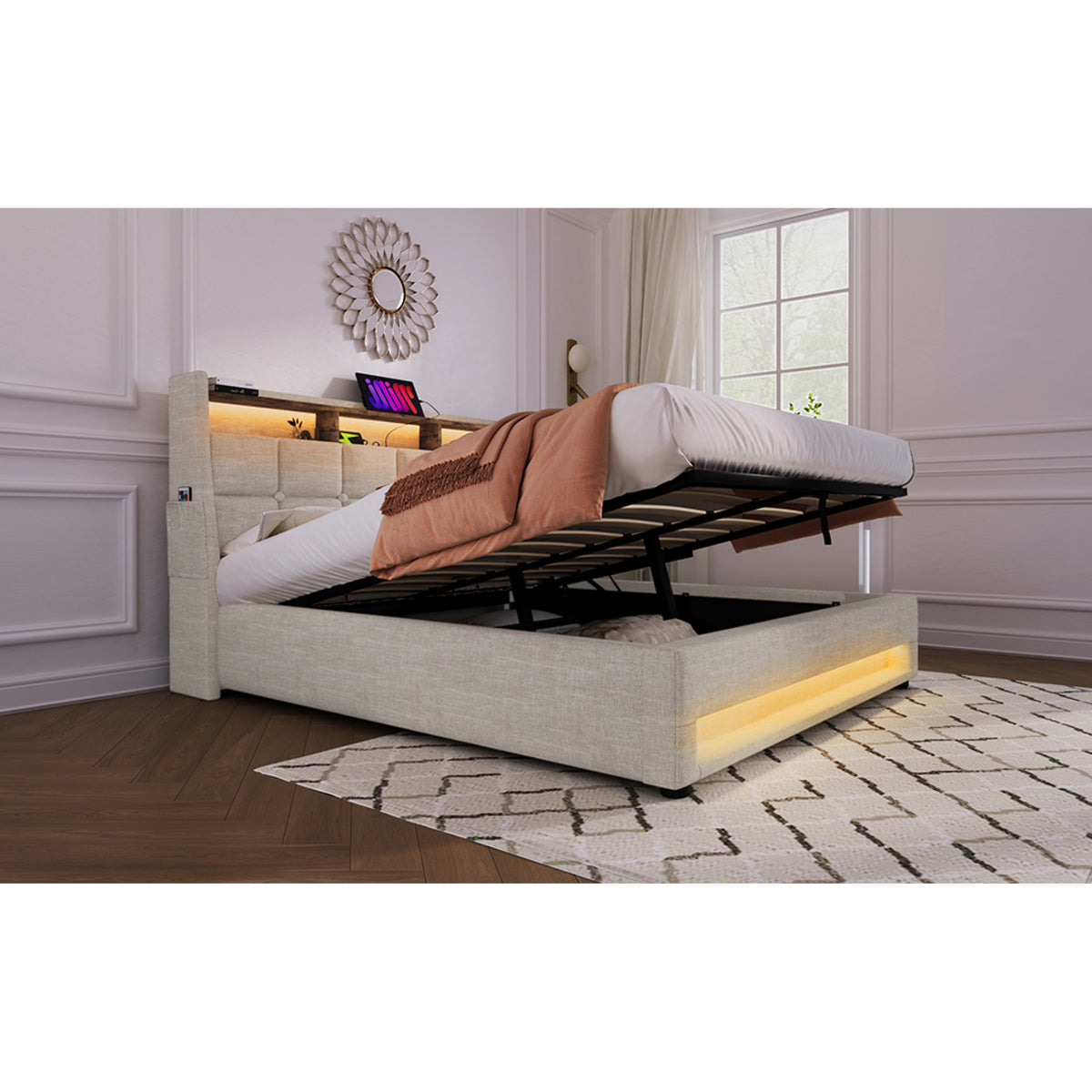 variant-group:rf-n736aa20690910b|Roomfitters Queen Size Upholstered Platform Bed with Storage System, USB Charging Ports, Natural