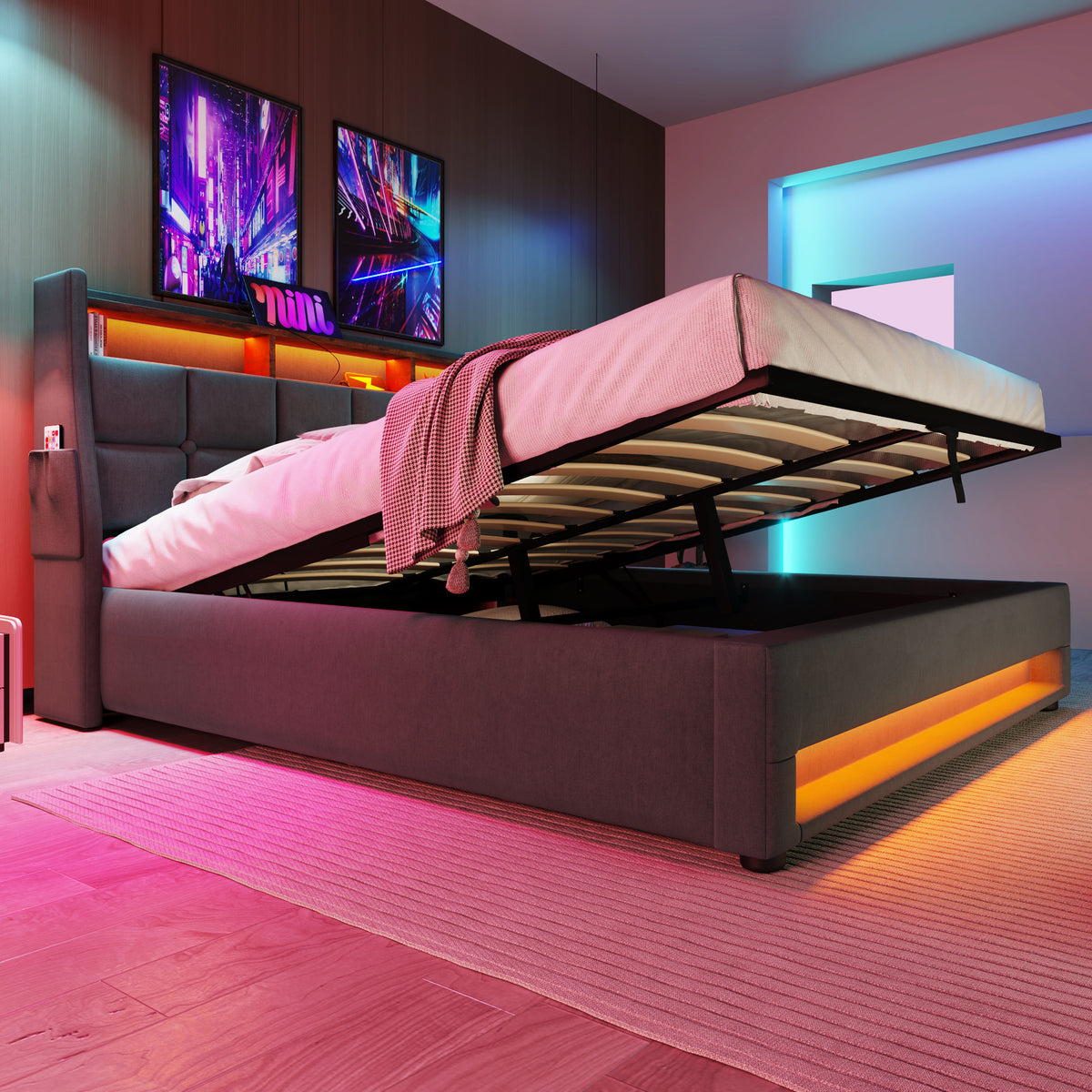 variant-group:rf-n736aa20690910g|Roomfitters Queen Size Upholstered Platform Bed with Storage System, USB Charging Ports, Grey